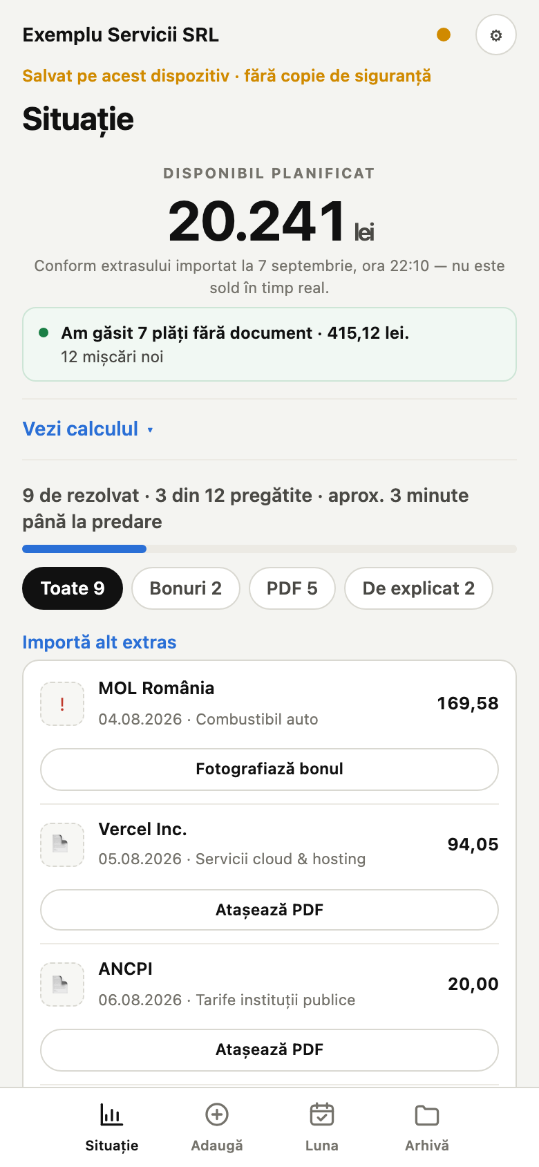 Ecranul Situație: disponibilul planificat, progresul lunii, filtrele și lista de lucru cu plățile fără document.