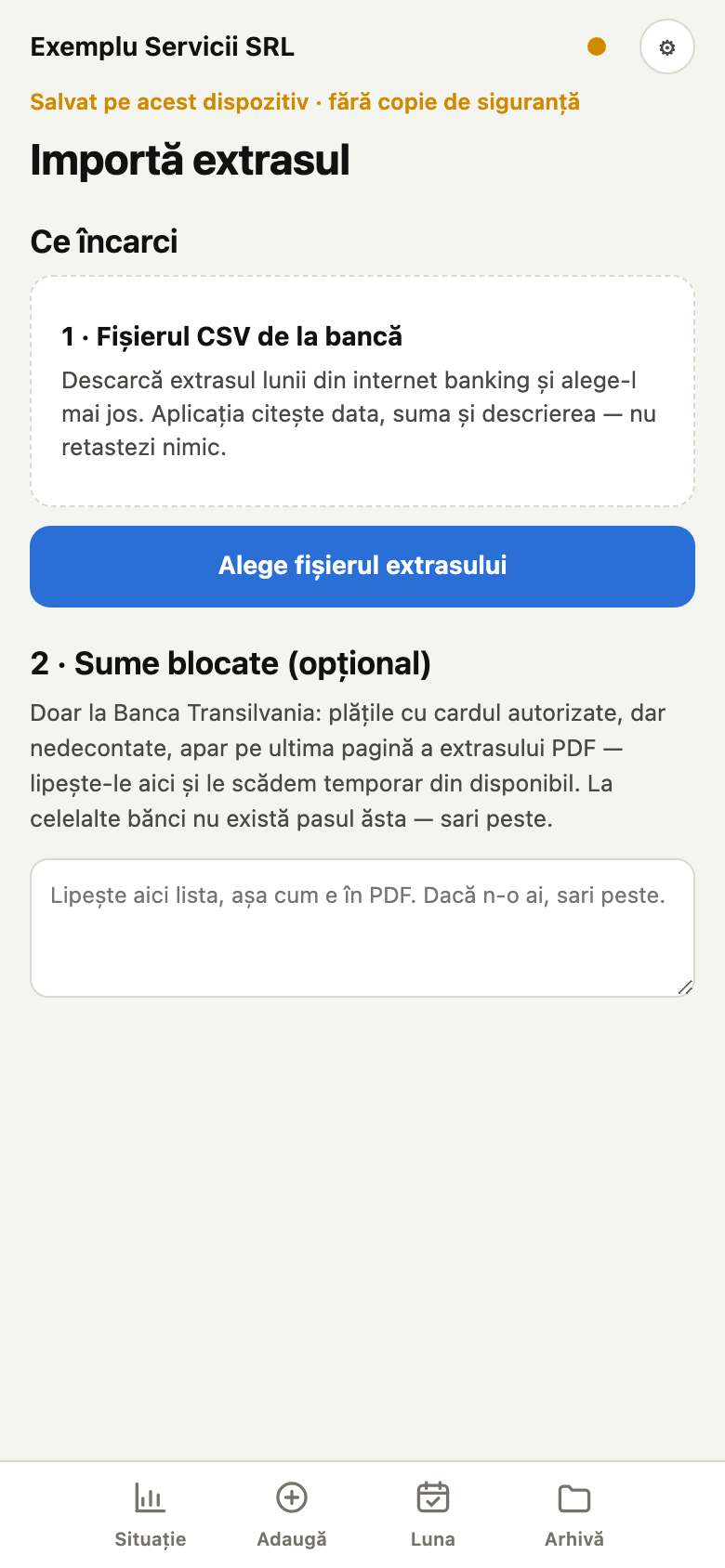 Ecranul de import: alegerea fișierului cu extrasul descărcat din internet banking.
