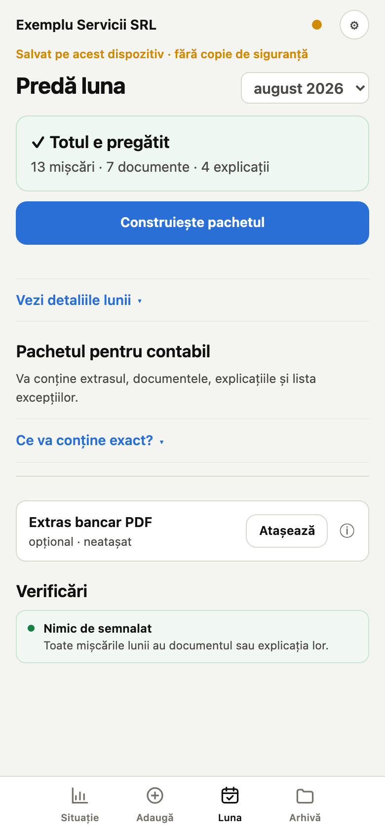 Ecranul Predă luna: cardul de stare al lunii, butonul de construire a pachetului și verificările.